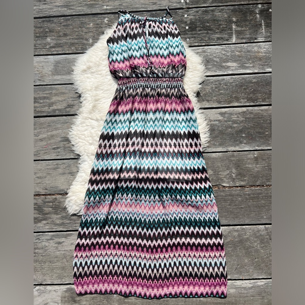 Multicolor Chevron Geometric Abstract Graphic Maxi Sleeveless Dress